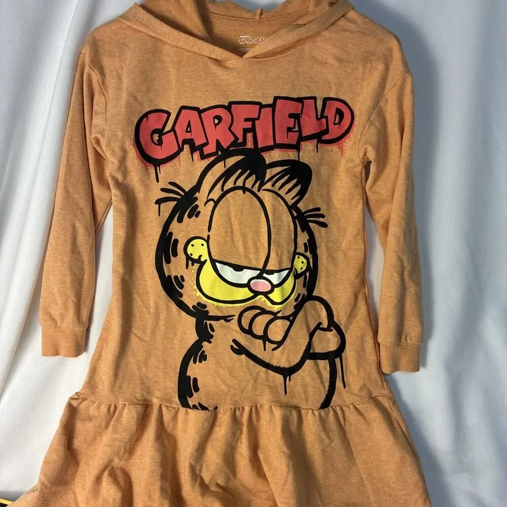 Garfield Kids Girls Character Hooded Cotton Ruffle Long Sleeve Dress Orange XS